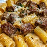 Cajun Steak Tips in Cheesy Rigatoni Parmesan Sauce