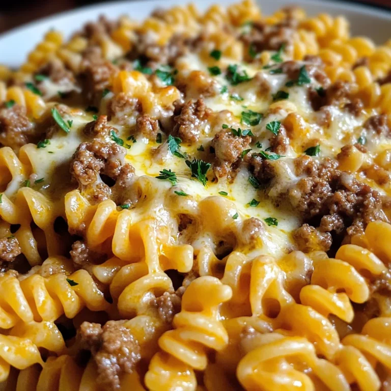 Cheesy Rotini with Garlic Butter Sauce and Ground Beef