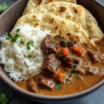 Creamy Coconut Curry Beef with Rice and Garlic Naan