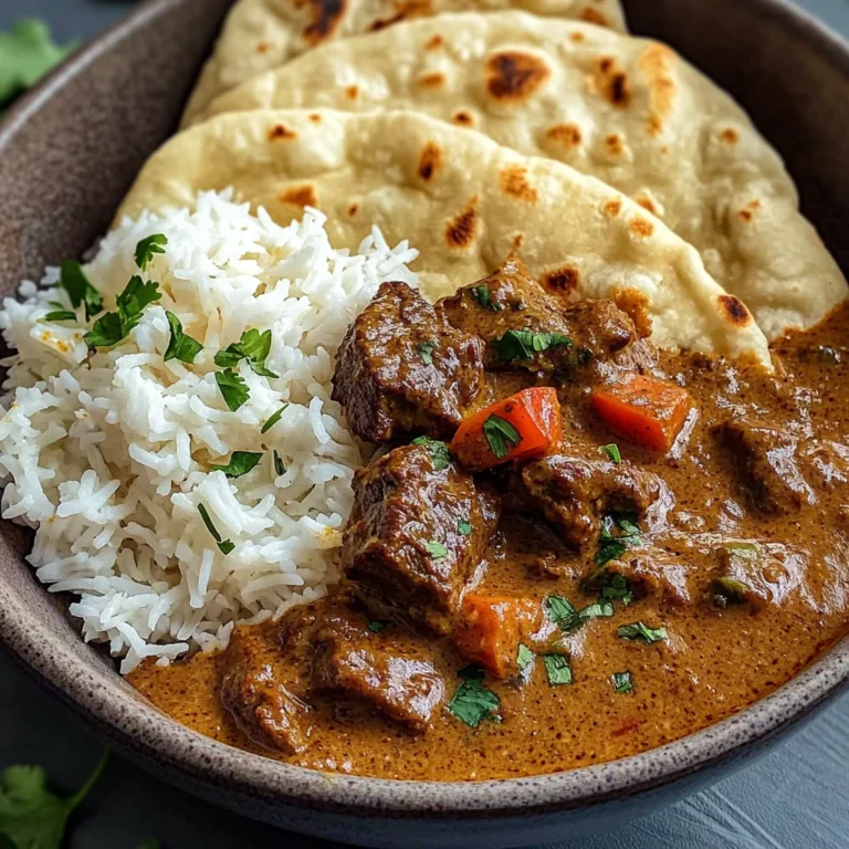 Creamy Coconut Curry Beef with Rice and Garlic Naan