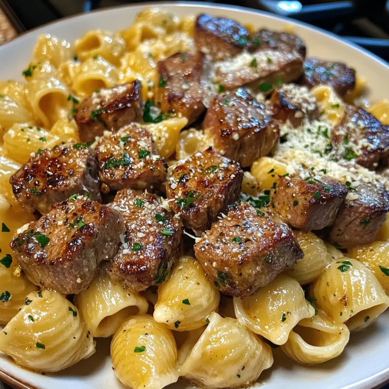 Creamy Garlic Parmesan Steak Bites with Shell Pasta