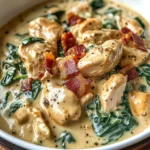 Creamy Slow Cooker Chicken Stroganoff with Spinach and Crispy Bacon