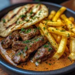 Garlic Butter Beef with Fries and Naan