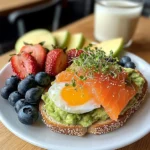 Smoked Salmon & Egg Avocado Toast Plate with Fresh Fruit & Tea